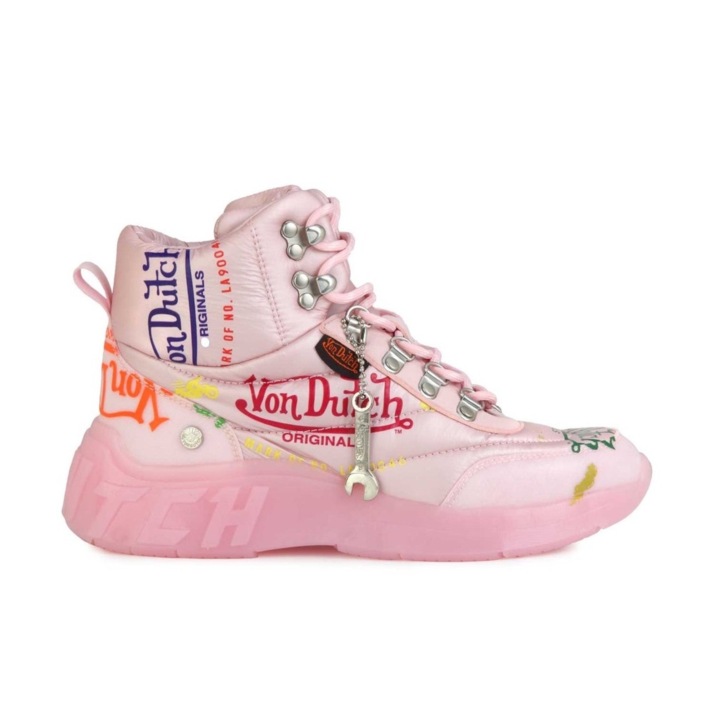 NEW Von Dutch PINK PUFFER All Over Logo Print SHOE Boot Sneaker Streetwear